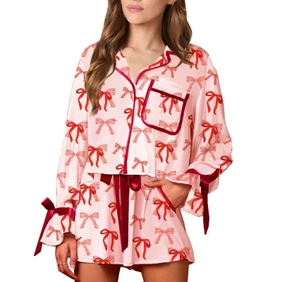Women Casual Printed Loose Lapel Long-Sleeve Lace-Up Shorts Pajama Set