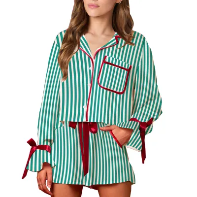 Women Casual Printed Loose Lapel Long-Sleeve Lace-Up Shorts Pajama Set
