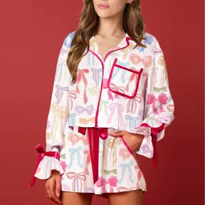 Women Casual Printed Loose Lapel Long-Sleeve Lace-Up Shorts Pajama Set