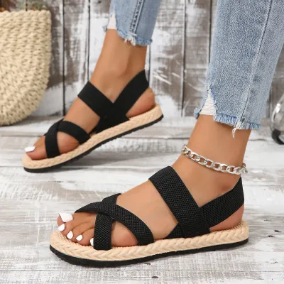 Women Fashion Casual Solid Color Straw-Resistant Linen Cross Strap Thick Soled Sandals Roman Style