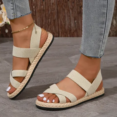 Women Fashion Casual Solid Color Straw-Resistant Linen Cross Strap Thick Soled Sandals Roman Style