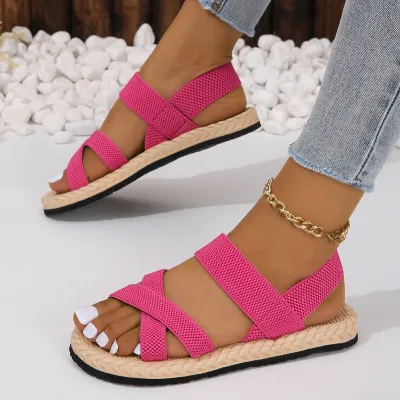 Women Fashion Casual Solid Color Straw-Resistant Linen Cross Strap Thick Soled Sandals Roman Style