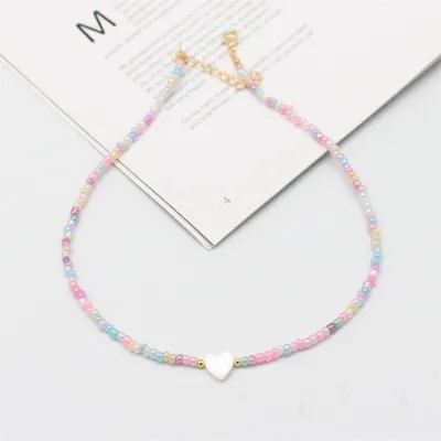 Women Fashion Boho Handmade Woven Shell Love Rice Beads Necklace