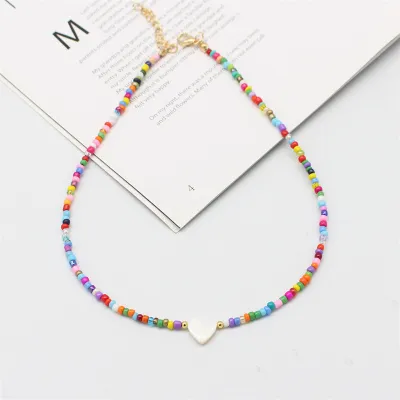 Women Fashion Boho Handmade Woven Shell Love Rice Beads Necklace