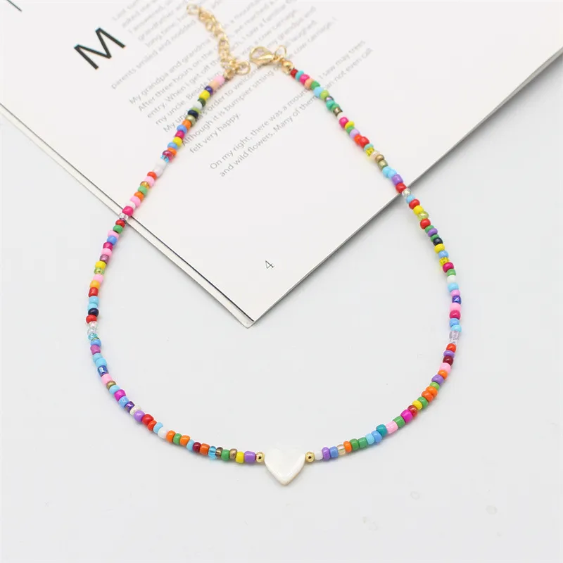 Women Fashion Boho Handmade Woven Shell Love Rice Beads Necklace