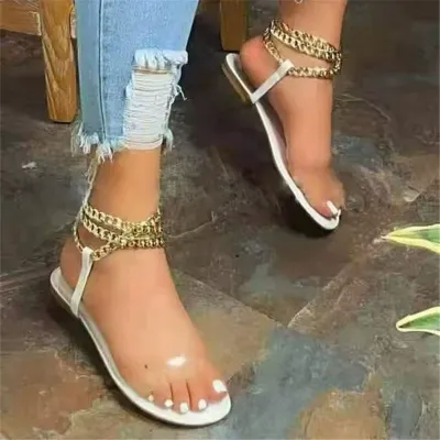 Women Fashion Casual Transparent Round Toe Flat Sandals with Metal Chain Plus Size