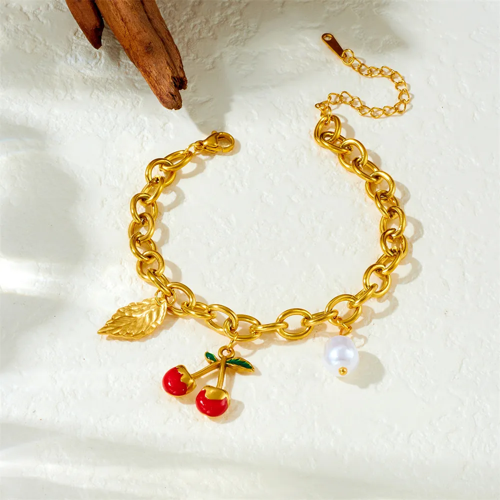 Cherry Fruit Leaf Pearl Pendant Stainless Steel Chain Bracelet