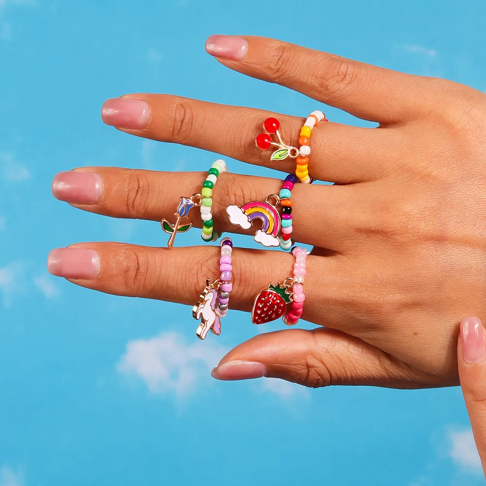 Fashion Cute Women Cartoon Cherry Rainbow Strawberry Beaded Rings