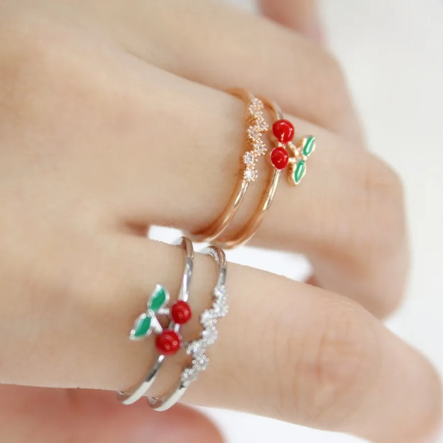 Women Exquisite Rhinestone Cherry Double-Layer Open Ring