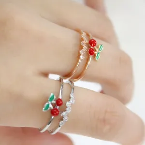 Women Exquisite Rhinestone Cherry Double-Layer Open Ring