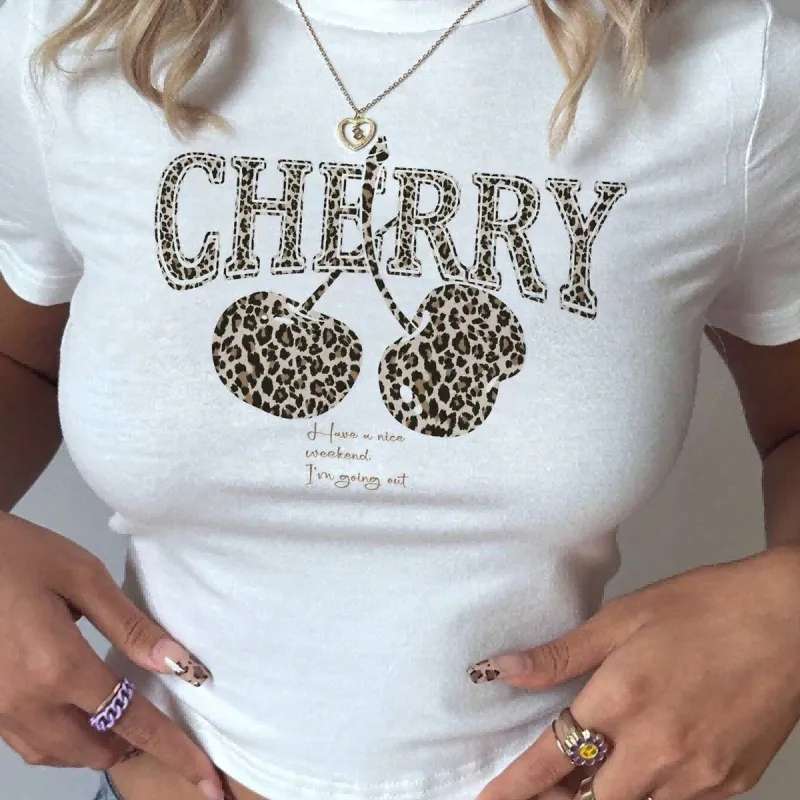 Cherry Leopard Pattern Slim-Fit Short Sleeve Women Crop T-Shirt