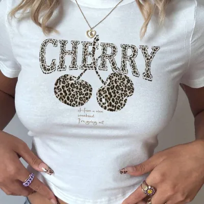 Cherry Leopard Pattern Slim-Fit Short Sleeve Women Crop T-Shirt