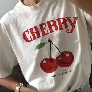 Women Casual Summer Short Sleeve Cherry Print Loose Cotton T-Shirt