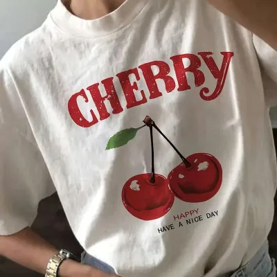 Women Casual Summer Short Sleeve Cherry Print Loose Cotton T-Shirt