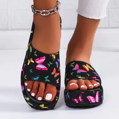 Women Fashion Casual Printed Round-Toe Platform Wear-Resistant PU Slippers