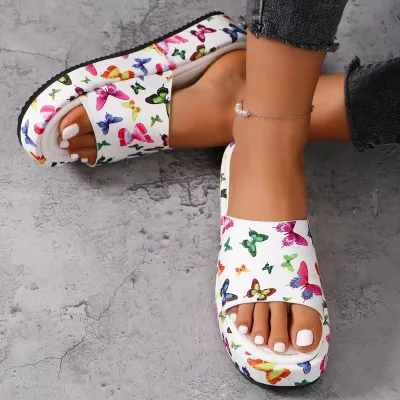 Women Fashion Casual Printed Round-Toe Platform Wear-Resistant PU Slippers