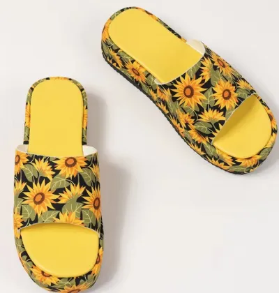 Women Fashion Casual Printed Round-Toe Platform Wear-Resistant PU Slippers