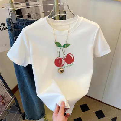 Women Plus Size Pink Cherry Printed Cotton Short-Sleeved T-Shirt