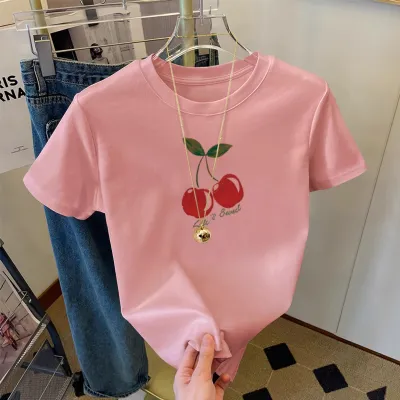 Women Plus Size Pink Cherry Printed Cotton Short-Sleeved T-Shirt