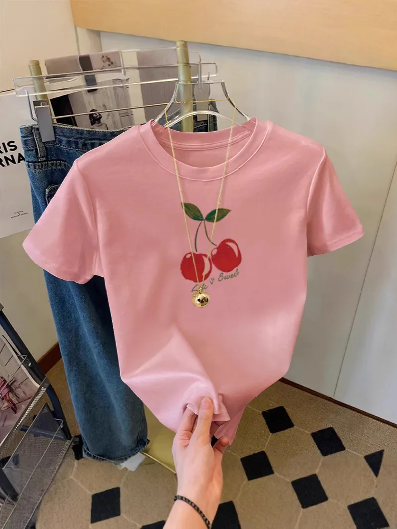 Women Plus Size Pink Cherry Printed Cotton Short-Sleeved T-Shirt