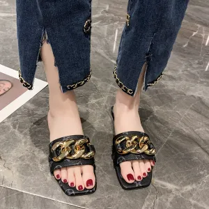Women Fashion Casual Printed Metal Chain Square Toe Flat Slippers Plus Size