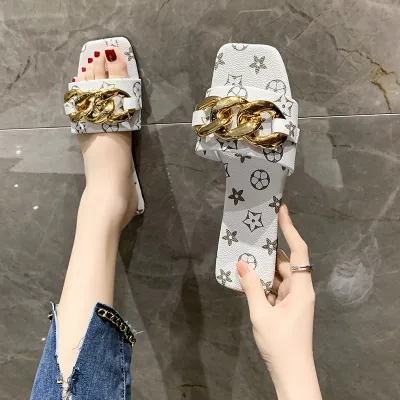 Women Fashion Casual Printed Metal Chain Square Toe Flat Slippers Plus Size