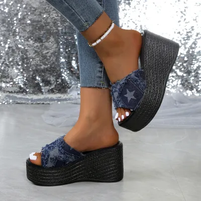 Women Fashion Pentagram Denim Wedge High Heel Platform Slippers