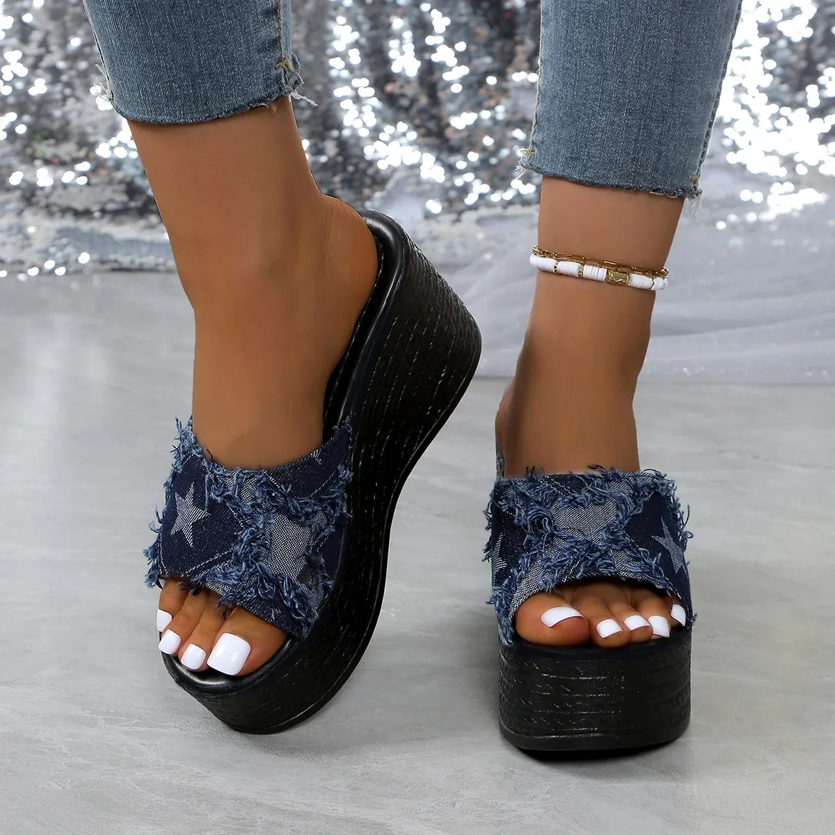 Women Fashion Pentagram Denim Wedge High Heel Platform Slippers