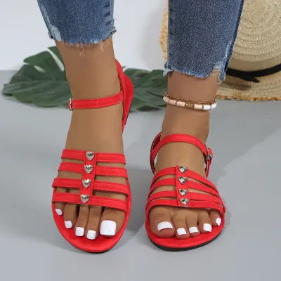 Women's Casual Solid Color Heart Buckle Round-Toe Flat Sandals Plus Size