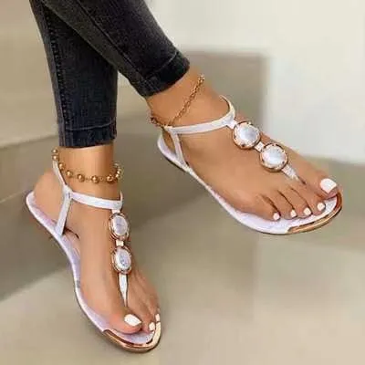 Women Fashion Casual Beaded Round-Toe Flat Sandals Plus Size