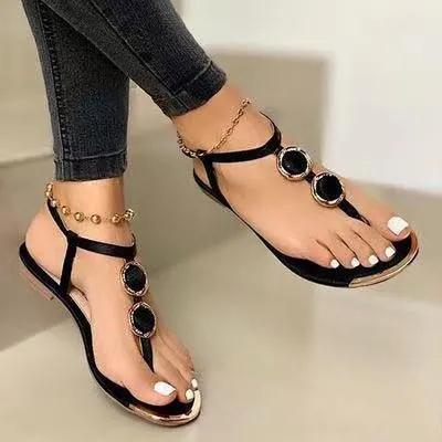 Women Fashion Casual Beaded Round-Toe Flat Sandals Plus Size