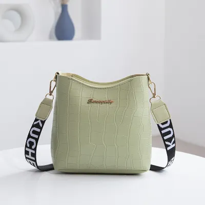 Women Casual Simple Solid Color Stone Pattern Bucket Crossbody Bag