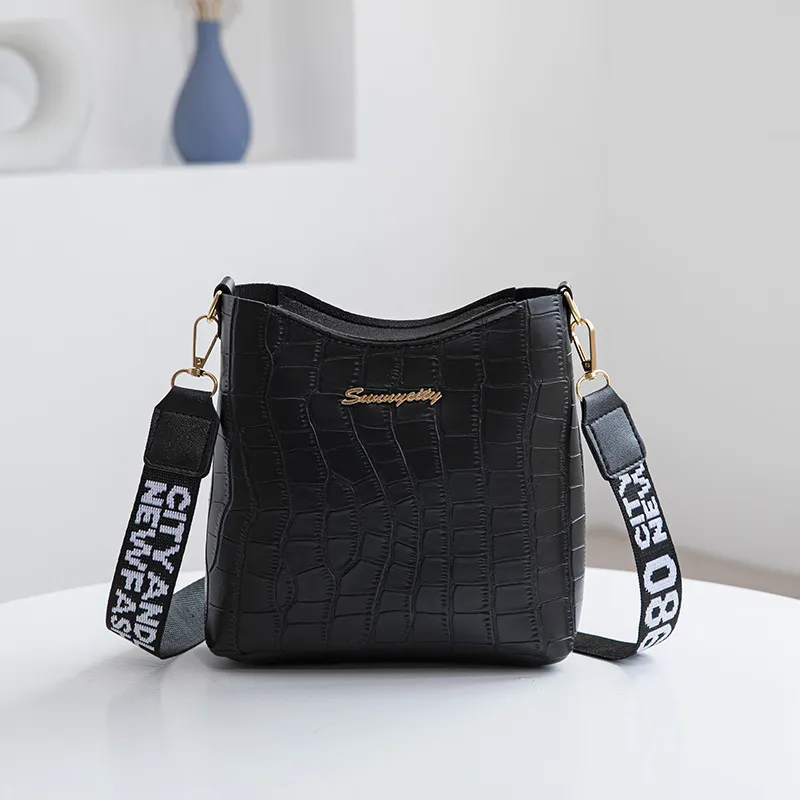 Women Casual Simple Solid Color Stone Pattern Bucket Crossbody Bag
