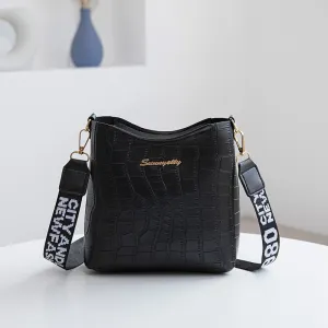 Women Casual Simple Solid Color Stone Pattern Bucket Crossbody Bag