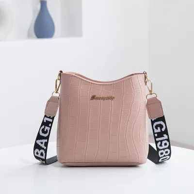 Women Casual Simple Solid Color Stone Pattern Bucket Crossbody Bag