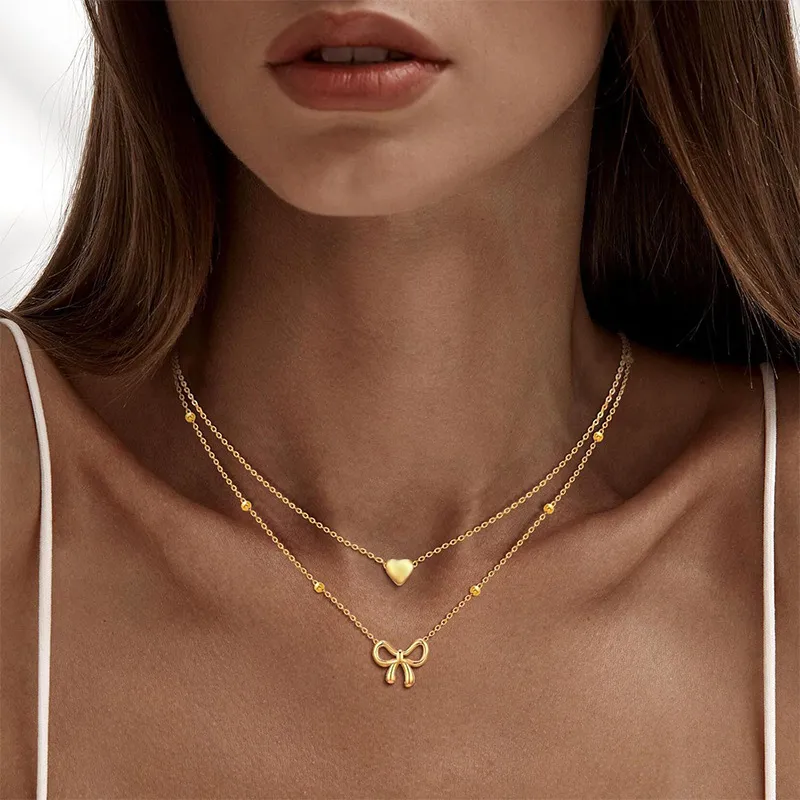 Women Fashion Double-Layer Love Butterfly Beads Necklace