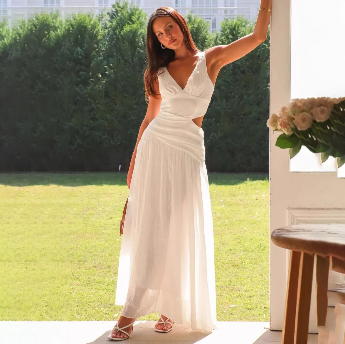 Women Sexy Solid Color Stitching V-Neck Sleeveless Loose Midi Dress