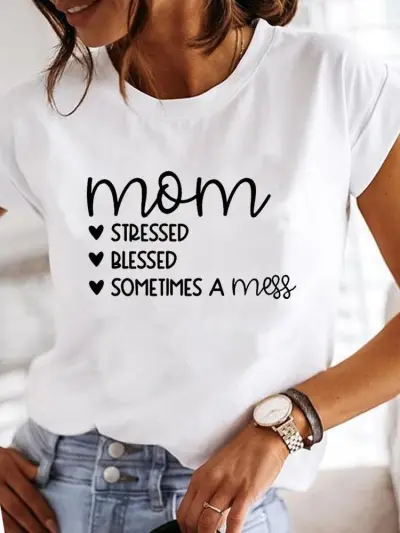 Women Casual Mom Patterns Printed Short-Sleeve T-Shirt