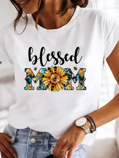 Women Casual Mom Patterns Printed Short-Sleeve T-Shirt