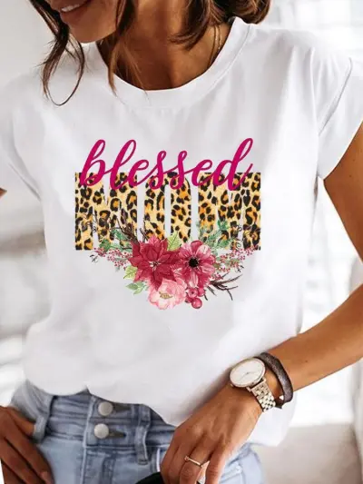 Women Casual Mom Patterns Printed Short-Sleeve T-Shirt