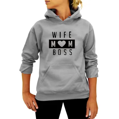 Women Casual Solid Color Mom Letter Printed Pullover Hoodies