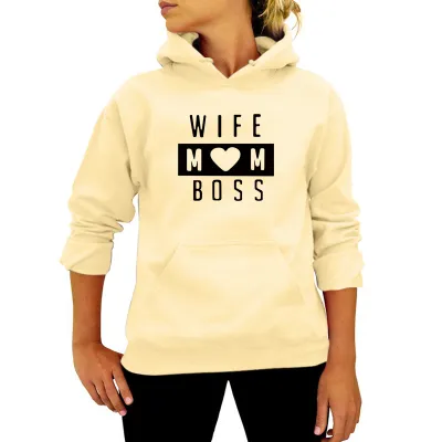 Women Casual Solid Color Mom Letter Printed Pullover Hoodies