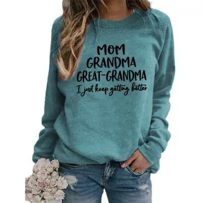 Women Casual Mom Printed Round Neck Long-Sleeve Loose Sweatshirt
