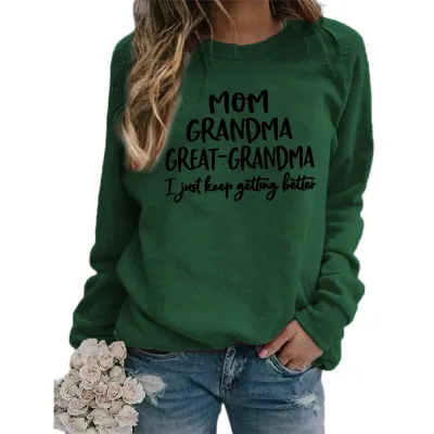 Women Casual Mom Printed Round Neck Long-Sleeve Loose Sweatshirt