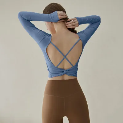 Women Fashion Casual Solid Color Long-Sleeve Backless Quick-Drying Yoga Sports T-Shirt
