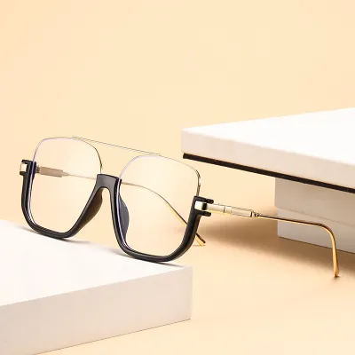 Women Fashion Retro Double Beam Large Frame Anti-Blue Sunglasses Oval Box Metal PC Fresh Sweet