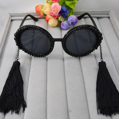 Women's Vintage Tassel Pearl Rhinestone Round Large Frame Sunglasses