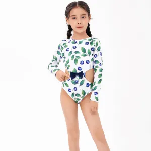 Girl Blueberries Printed Long-Sleeve Hollow-Out One-Piece Swimwear for Kids