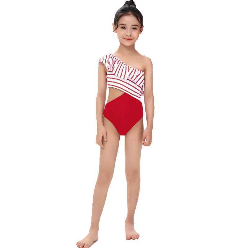 Girls Cute Printed Ruffled Slanted Shoulder One-Piece High Elasticity Nylon Swimwear