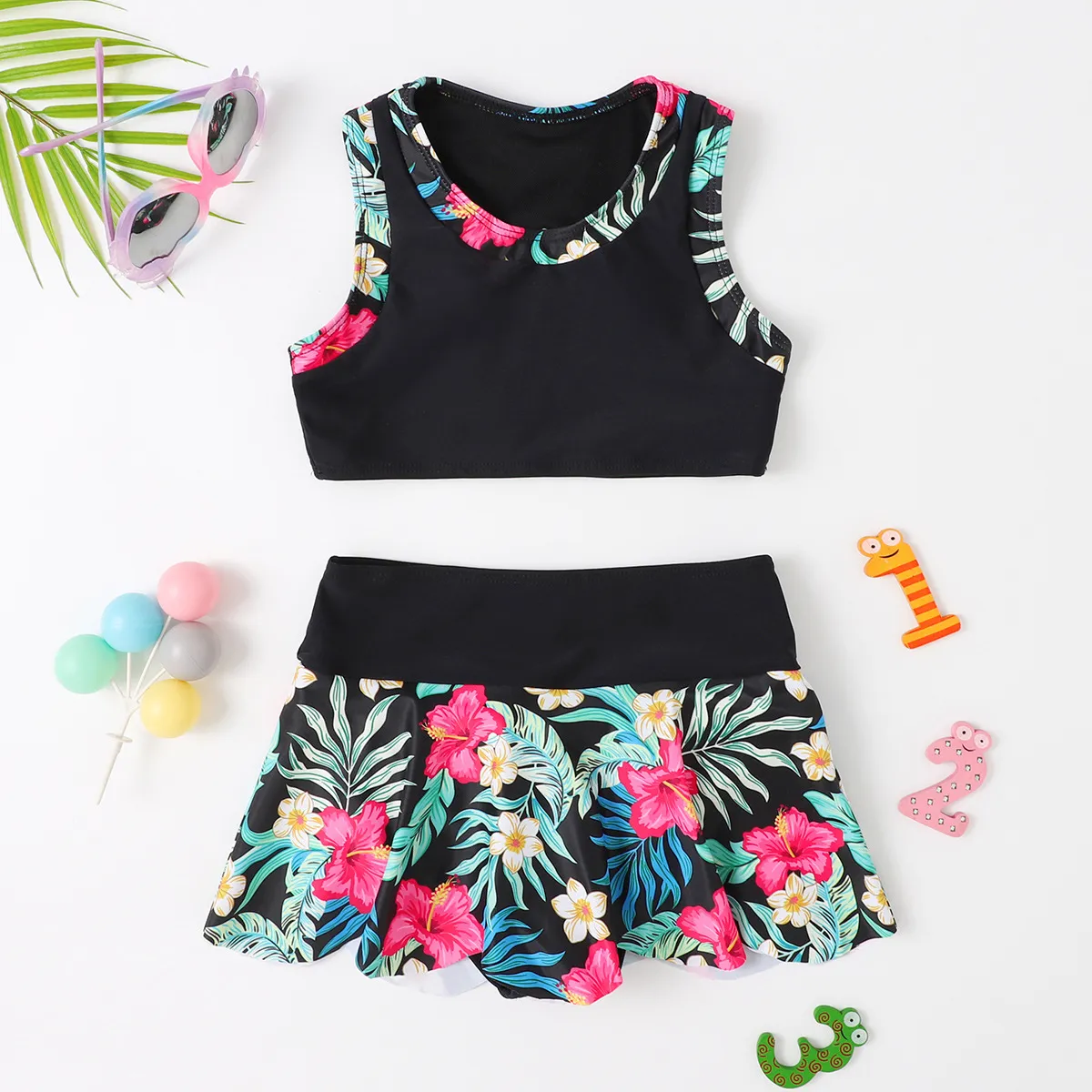 Girl Fashion Cute Floral Printed Tank Top Skirts Swimwear Two-Piece Set
